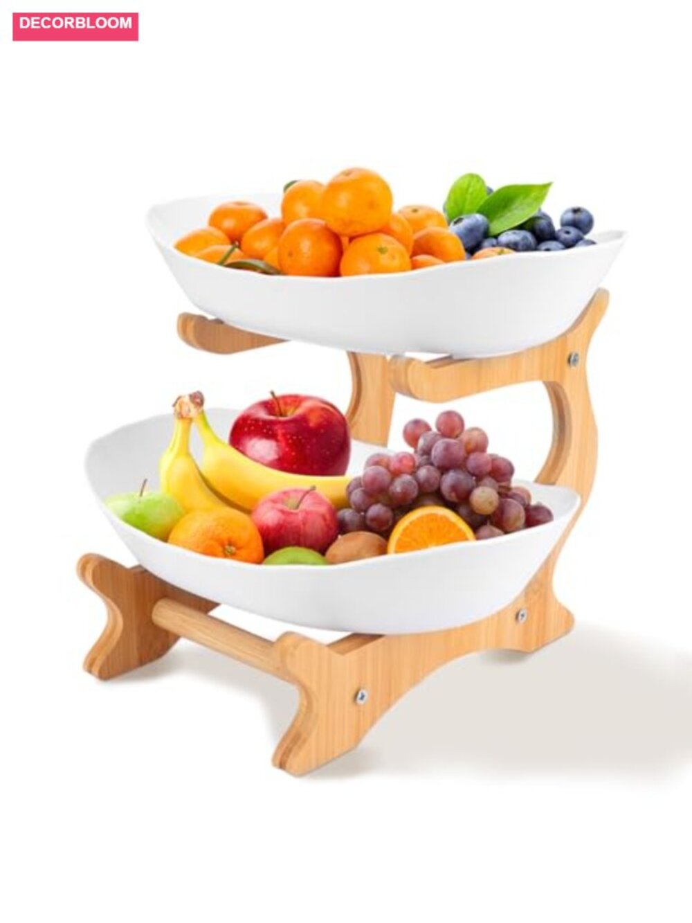 2 Tier Fruit Bowl Basket Bamboo Stand Plastic Trays Kitchen Countertop Display
